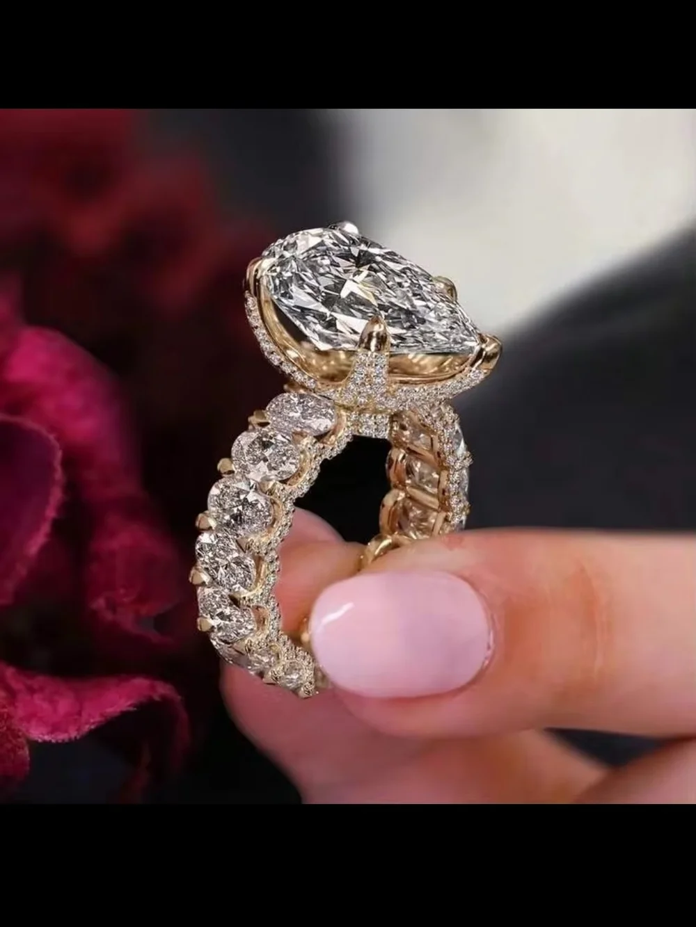18K Gold Plated Pear Cut Cubic Zirconia Engagement Cocktail Ring